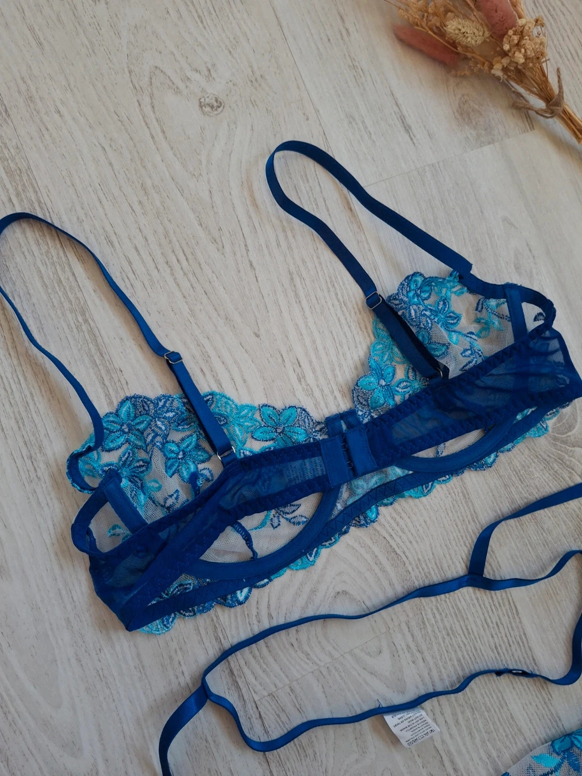 💙 Conjunto de lencería para mujer de 3 piezas azul con flores/transparente/blanco – Talla L – NUEVO – photo 8